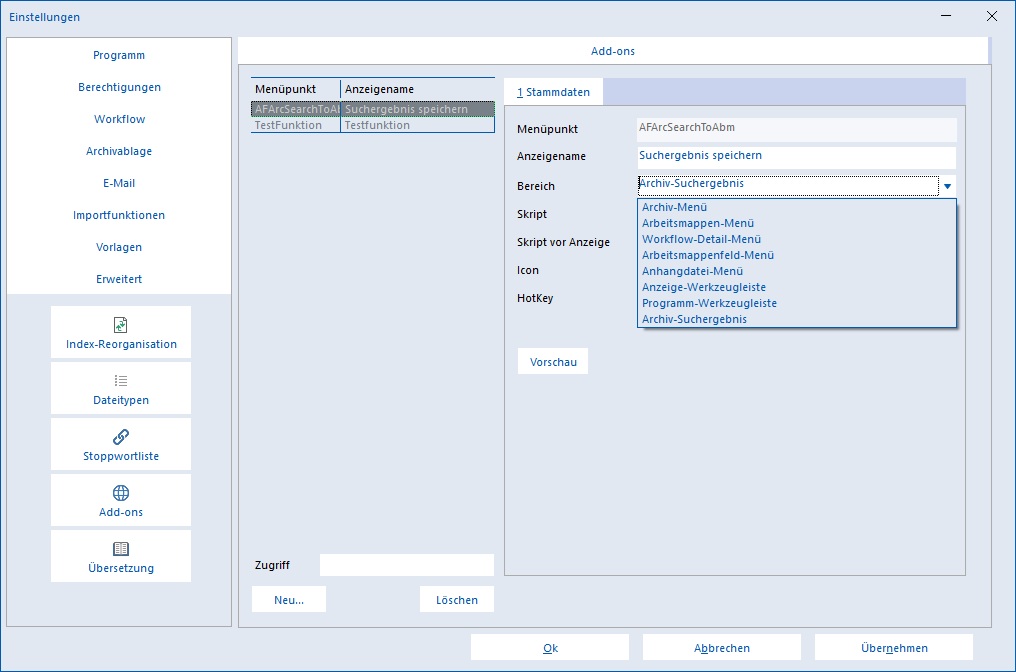 Einstellungen Erweitert Addons